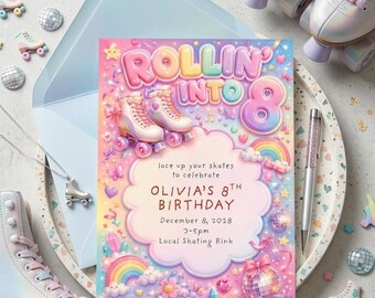 Invitación de cumpleaños con temática de patinaje sobre ruedas / Invitación retro de neón y arcoíris para fiestas disco para niñas y niños / Plantilla editable de Canva / Descarga instantánea