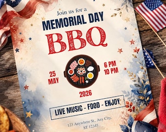 Memorial Day BBQ Invitation Template Editable in Canva | Patriotic Party Invite | Cookout Summer Kickoff Digital Invite