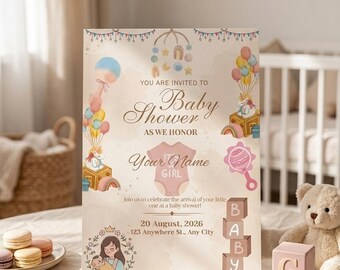 Plantilla editable de invitación para baby shower, invitación para baby shower de niña, baby shower de unicornio en tonos pastel, tarjeta imprimible para baby shower, descarga instantánea.