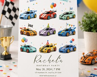 Plantilla de invitación de cumpleaños con temática de coches de carreras, invitación para fiesta de cumpleaños con coches deportivos, invitación de cumpleaños para niño con temática de carreras, plantilla editable de Canva.
