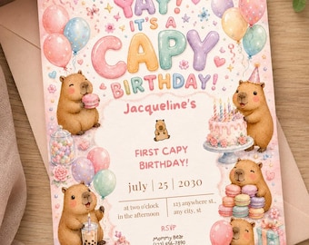 Plantilla de invitación de cumpleaños de capibara, invitación de fiesta de capibara kawaii, invitación de cumpleaños editable en Canva, lindo capibara rosa para niños