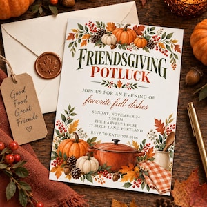 May include: A Friendsgiving Potluck invitation card featuring watercolour illustrations of pumpkins, autumn leaves, berries, and a Dutch oven. The text reads: Friendsgiving Potluck, join us for an evening of favourite fall dishes, Sunday, November 24, 5:00 PM, The Harvest House, 27 Birch Lane, Portland, RSVP to Katie 555-0166.