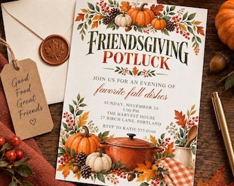 Friendsgiving Invitation Template, Friendsgiving Potluck Party Invite, Fall Dinner Gathering, Thanksgiving Friends Editable Canva Template