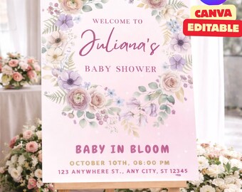 Plantilla de invitación para baby shower "Baby In Bloom", paquete editable de invitación y cartel de bienvenida en Canva, invitación floral para baby shower, imprimible.