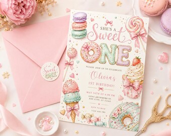 Invitación de cumpleaños para niña de 1er cumpleaños / Invitación para fiesta de cumpleaños con postres / Dulces, donas, helado / Canva editable