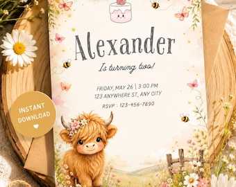 Highland Cow Birthday Invitation Template Editable in Canva, Boho Farm Party Invite, Floral Highland Cow Birthday Invitation