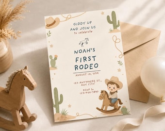 First Rodeo Invitation Boy | Cowboy Birthday Invite Western 1st Birthday Party Rustic Rodeo Birthday Printable Editable My First Rodeo"