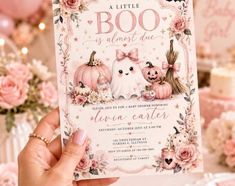 Pink Halloween Baby Shower Invitation, Little Boo Baby Shower Invite, Ghost Baby Shower Template, Spooky Girl Baby Shower, Editable Canva