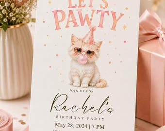 Invitación de cumpleaños "Let's Pawty" / Invitación de cumpleaños con gatito rosa adorable / Invitación para fiesta temática de gatos / Descarga editable en Canva