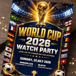 May include: A World Cup 2026 watch party flyer featuring a golden trophy, stadium lights, and international flags. The text reads: WORLD CUP 2026 WATCH PARTY, JOIN US TO CHEER ON THE ACTION!, SUNDAY, 25 JULY 2026, RIMBERIO CAFE, 123 ANYWHERE ST., ANY CITY, 08:30 PM.