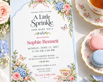 Baby Sprinkle Invitation, Floral Tea Party Baby Shower Invite, Baby No. 2 Garden Party, Editable Canva Template