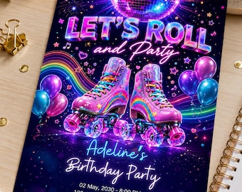 Invitación de cumpleaños con temática de patinaje sobre ruedas, invitación retro para fiesta de patinaje neón, invitación de cumpleaños con temática de discoteca fluorescente, plantilla editable de Canva, cumpleaños de niña