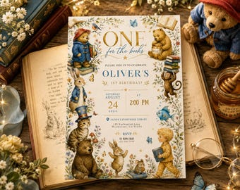 Invitación de primer cumpleaños con temática de cuento de hadas, invitación para el primer cumpleaños, plantilla editable de Canva, fiesta de libros en la biblioteca, invitación imprimible