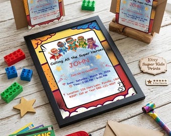 Invitación de cumpleaños de superhéroes, invitación a la fiesta "Llamando a todos los superhéroes", plantilla editable de invitación de cumpleaños infantil en Canva