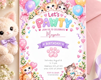 Kitten Birthday Invitation, Pink Cat Birthday Party Invite, Let’s Pawty Invitation for Girls, Editable Canva Template, Kitty Party Invite