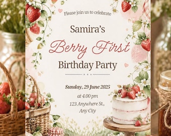 Plantilla de invitación de primer cumpleaños con temática de fresas, invitación de primer cumpleaños para niña con temática de fresas editable en Canva, invitación para fiesta de cumpleaños "Dulce primer cumpleaños con fresas"