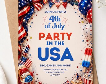 4th of July BBQ Party Invitation | Editable Independence Day Cookout Invite Template | Red White Blue USA Celebration Canva