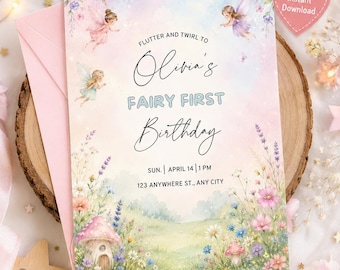 Fairy First Birthday Invitation Girl Editable Template, Enchanted Fairy Garden Party Invite, Pink Fairy 1st Birthday Invite