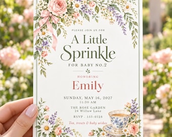 Baby Sprinkle Invitation Template, Floral Tea Party Baby Shower Invite, Baby No. 2 Celebration, Editable Canva Garden Brunch Invitation