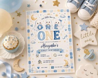 Invitación de primer cumpleaños de Little Boo, invitación de primer cumpleaños de fantasma para niño, plantilla azul para fiesta de cumpleaños de Halloween, invitación editable de Canva