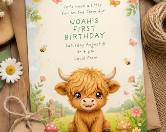 Highland Cow Birthday Invitation Template Editable in Canva | Boho Farm Floral Cow Party Invite | Rustic Cute Birthday Invite