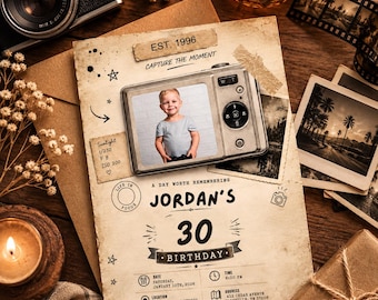 30th Birthday Invitation, 1996 Birthday Party, Vintage Photo Invite, Retro Camera Birthday, 30th Milestone Party, Editable Canva Template