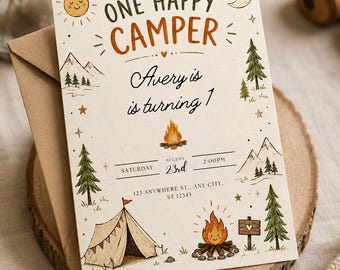 Invitación de primer cumpleaños para niño con temática de campamento en el bosque, invitación de primer cumpleaños con temática de campamento, invitación electrónica para fiesta de campamento, plantilla editable de Canva.