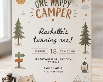Invitación de primer cumpleaños para niño con temática de campamento en el bosque, invitación para fiesta de cumpleaños con temática rústica de bosque, invitación editable en Canva.