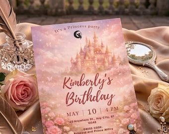 Princess Birthday Invitation Editable Template, Girl Birthday Invitation, Princess Party Birthday Party Invite, Instant Download