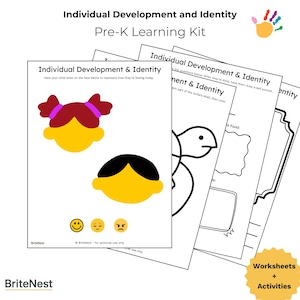 Peut inclure: Un kit d'apprentissage préscolaire avec des feuilles de travail et des activités. Les feuilles de travail présentent des illustrations de visages avec différentes coiffures et expressions. Le texte "Individual Development & Identity" est visible.