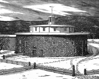 Stone Barn, Hancock Shaker Village (wood engraving print)