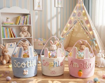 Personalised Woven Easter Basket, Custom Bunny Ear Egg Hunt Bag, Reusable Nursery Storage