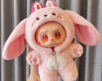 Uroczy pluszowy kombinezon króliczka Labubu, różowe ubranka dla lalek w stylu kawaii, kostium króliczka z długimi uszami, ubrania Labubu Popmart, Labubu na zamówienie