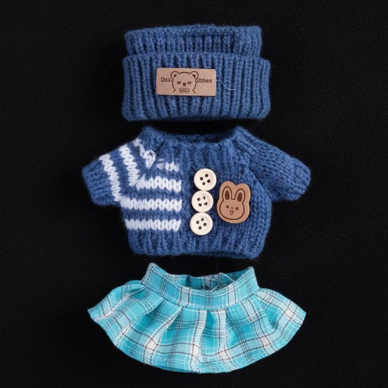Op de afbeelding: Een blauwe gebreide poppenoutfitset, bestaande uit een muts, een trui en een geplooide rok. De trui heeft witte strepen, houten knopen en een berenvormige patch. De muts en trui hebben een label met "Doll Wishes".