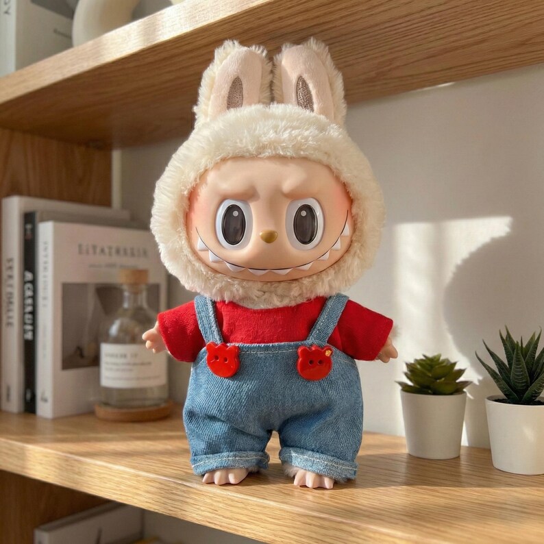 Peut inclure: Une poup&eacute;e fantaisiste avec une capuche &agrave; oreilles de lapin, un t-shirt rouge et une salopette en jean. La poup&eacute;e a de grands yeux ronds et un sourire &eacute;dent&eacute;. Des accents rouges en forme d'ours ornent la salopette.