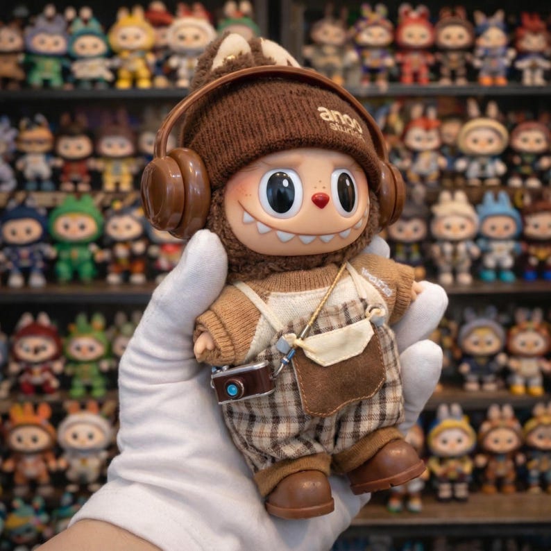 May include: A brown and tan collectible vinyl figure of a cartoon character wearing a knit hat with headphones. The figure has a smiling face, a camera, and plaid overalls. The figure is held in a gloved hand, with other figures in the background.