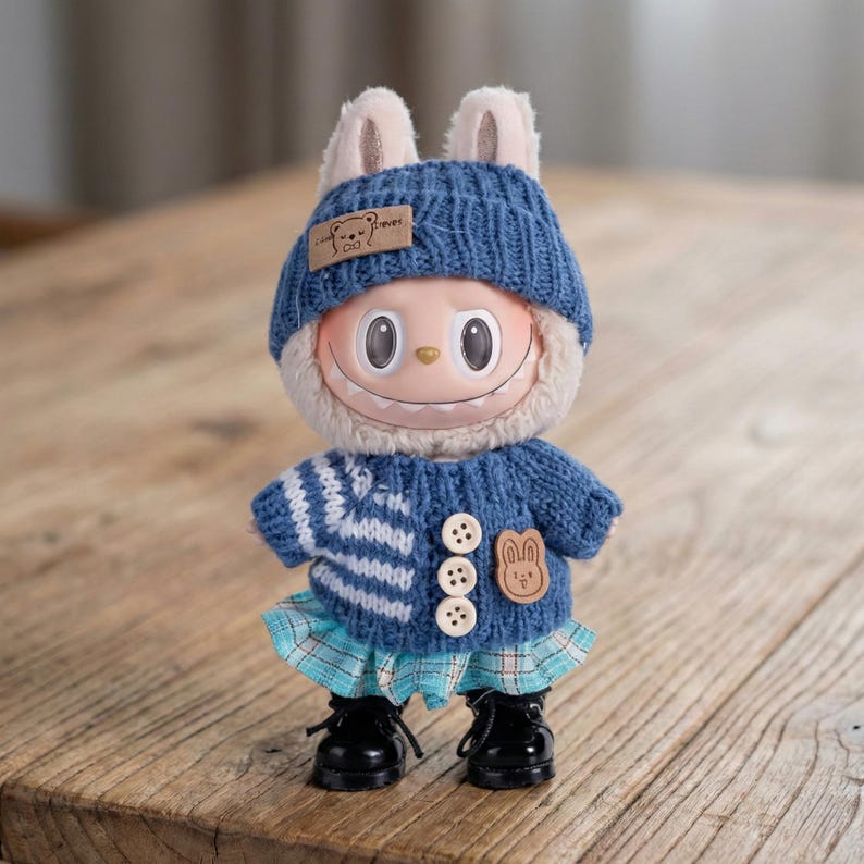 Op de afbeelding: Een grillige pop met een blauwe gebreide muts met konijnenoren en een bijpassende trui. De pop heeft een lachend gezicht, een blauw-wit gestreepte trui, een geruite rok en zwarte schoenen. Een kleine patch met een beer staat op de trui.