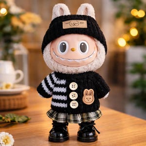 Op de afbeelding: Een grillige pop met een lachend gezicht, gekleed in een zwarte gebreide muts met ooraccenten en een bijpassende trui. De trui heeft een wit en zwart gestreepte mouw, drie knopen en een konijnenpatch. Het wordt gecombineerd met een geruite rok en zwarte schoenen.