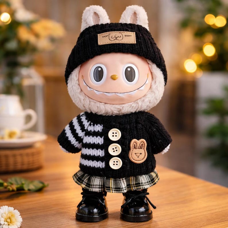 Op de afbeelding: Een grillige pop met een lachend gezicht, gekleed in een zwarte gebreide muts met ooraccenten en een bijpassende trui. De trui heeft een wit en zwart gestreepte mouw, drie knopen en een konijnenpatch. Het wordt gecombineerd met een geruite rok en zwarte schoenen.