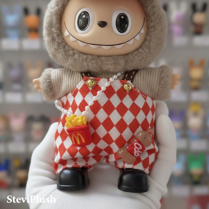 K&ouml;nnte beinhalten: Eine Pl&uuml;schtierfigur mit einem l&auml;chelnden Gesicht und einer pelzigen Kapuze. Sie tr&auml;gt eine rot-wei&szlig; karierte Latzhose mit einer Perlenkette, einer Pommes-Tasche und einer Soda-Dosen-Anstecknadel. Die Figur hat schwarze Schuhe.