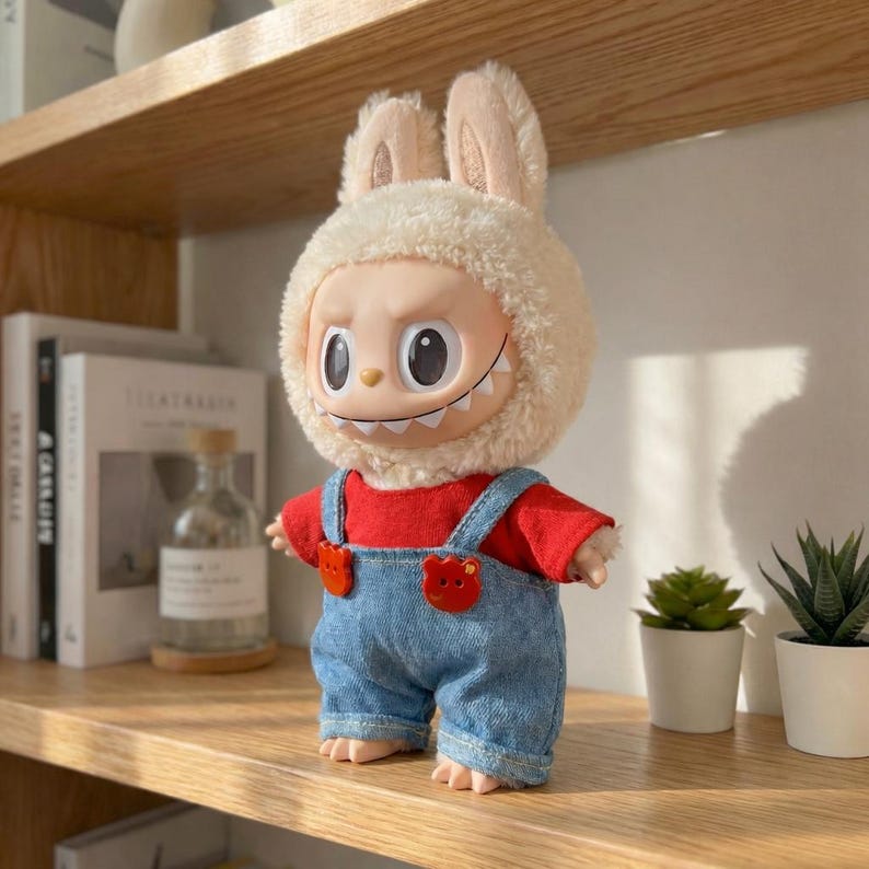 Peut inclure: Poup&eacute;e en peluche avec une capuche &agrave; oreilles de lapin et un haut rouge, portant une salopette en jean avec des boutons en forme d'ours. La poup&eacute;e a une expression espi&egrave;gle et est sur une &eacute;tag&egrave;re en bois.