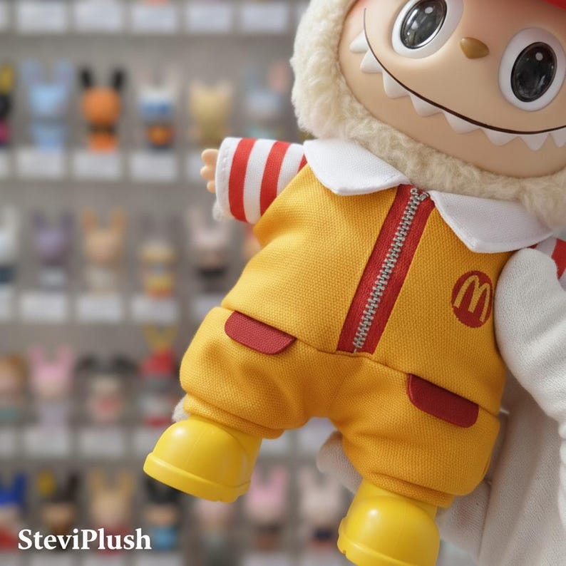 K&ouml;nnte beinhalten: Eine Pl&uuml;schfigur in einem gelben Overall mit roten Akzenten und einem Rei&szlig;verschluss. Die Figur hat einen wei&szlig;en Kragen, eine pelzige Kapuze und ein l&auml;chelndes Gesicht. Das McDonald's-Logo ist sichtbar. Der Text "SteviPlush" befindet sich unten.