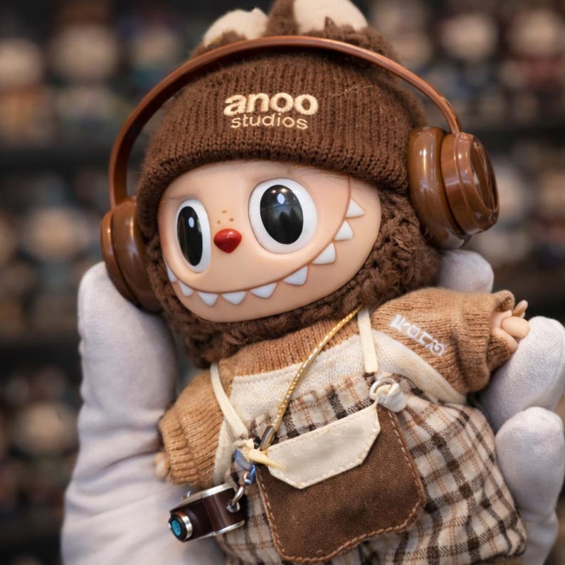 May include: A collectible Anoo Studios figure, featuring a cartoonish character with large eyes, a toothy grin, and a brown knit hat with headphones. The figure wears a plaid outfit and carries a small camera.