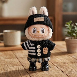 Op de afbeelding: Een grillige pop met een lachend gezicht, gekleed in een zwarte gebreide muts, trui en geruite rok. De hoed heeft een klein label en de trui heeft een konijnenpatch. De pop draagt zwarte laarzen.
