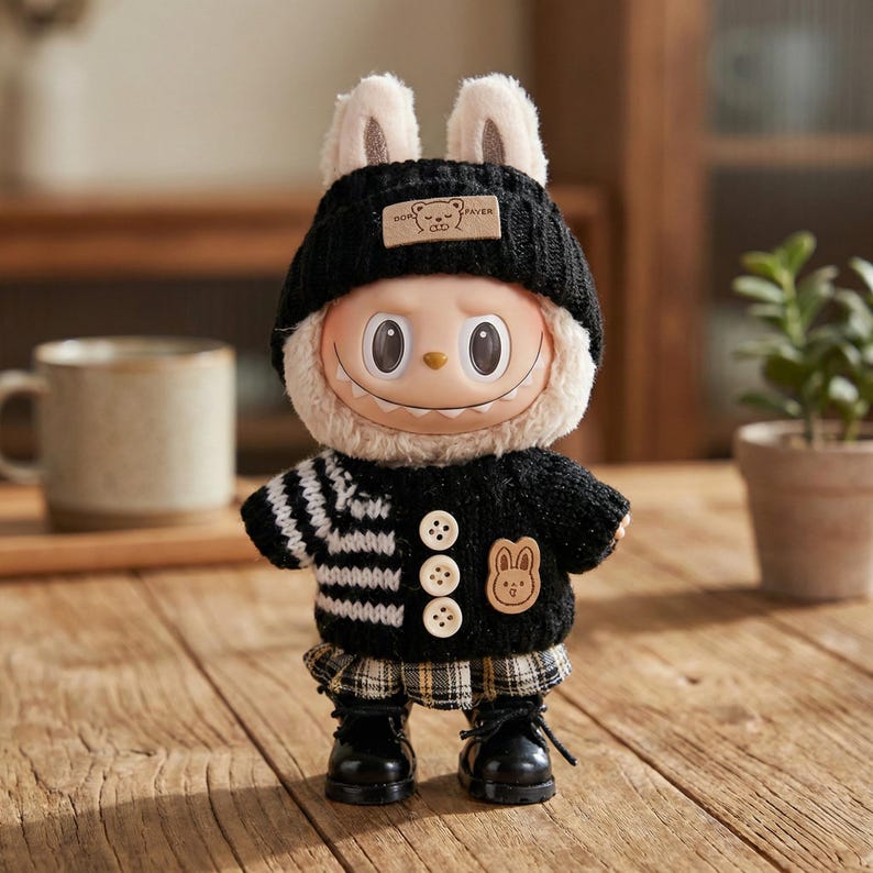 Op de afbeelding: Een grillige pop met een lachend gezicht, gekleed in een zwarte gebreide muts, trui en geruite rok. De hoed heeft een klein label en de trui heeft een konijnenpatch. De pop draagt zwarte laarzen.