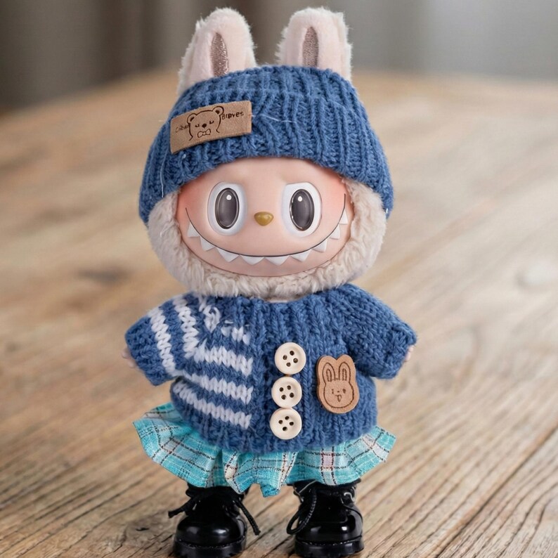 Op de afbeelding: Een grillige pop met een blauwe gebreide muts met konijnenoren en een bijpassende trui. De pop heeft een lachend gezicht, een blauw-wit gestreepte trui, een geruite rok en zwarte laarzen. De hoed heeft een kleine leren patch.