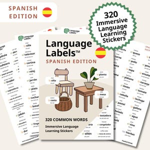 May include: A set of Spanish language learning stickers. The stickers feature illustrations of common objects with their Spanish names. The set includes 320 immersive language learning stickers. The words are categorized by theme.