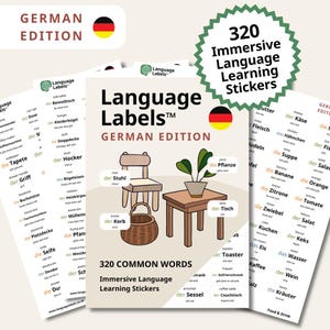 May include: A set of German language learning stickers. The main sticker sheet features illustrations of a chair, table, basket, and plant. The text on the stickers includes "Language Labels" and "320 Common Words".