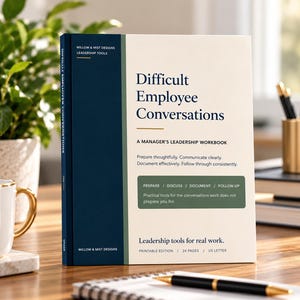 Puede incluir: Un libro de trabajo titulado Difficult Employee Conversations: A Manager's Leadership Workbook. La portada es de color crema con un lomo y panel lateral azul oscuro, con el texto Prepare thoughtfully. Communicate clearly. Document effectively. Follow through consistently.