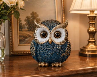 May include: A decorative owl figurine featuring a deep blue body with textured feather details and gold accents on the wings, ears, and feet. The owl has large, round black eyes surrounded by white, circular patterns and a small gold beak.